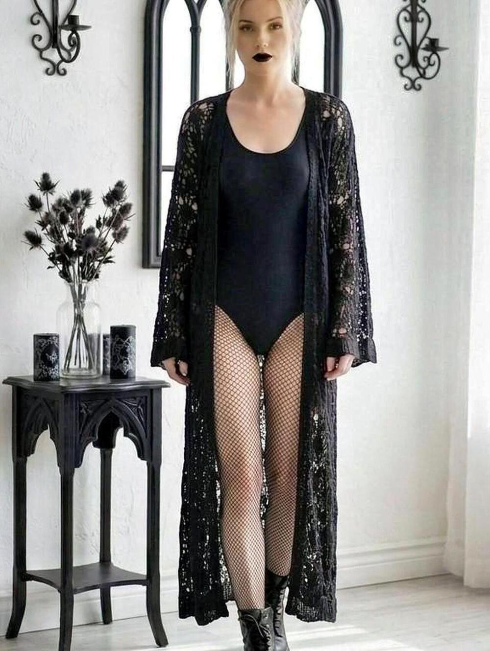 Nem Black Crochet Knit Maxi Duster Cardigan